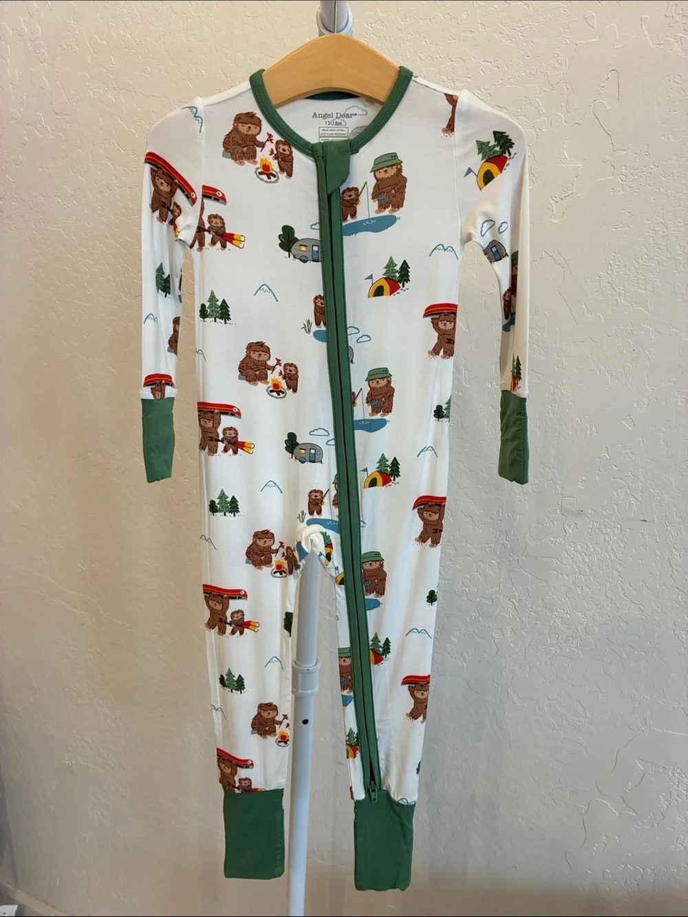 Angel Dear White, Green & Brown Bear Camping Footed One-Piece